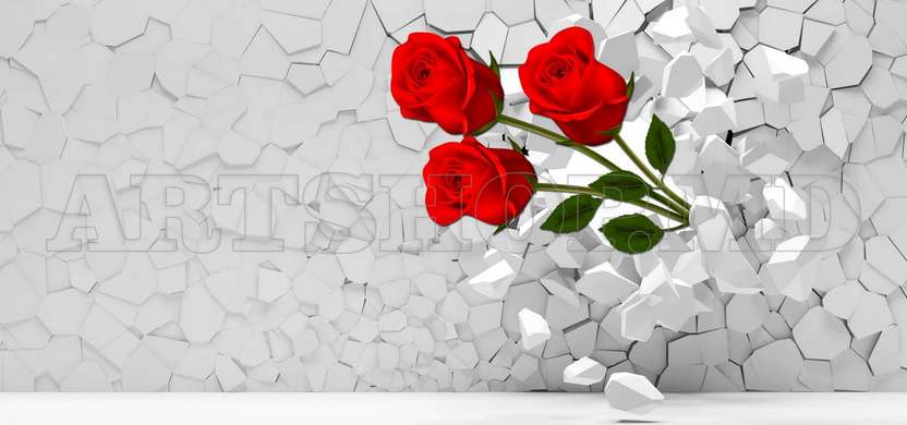 3D Wallpaper - Red rose on the background of a white 3D wall