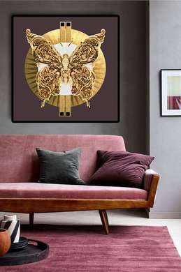 Постер - Золотая бабочка на коричневом фоне, 100 x 100 см, Постер на Стекле в раме, Гламур