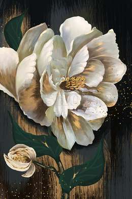 Постер - Белый цветок с золотыми нотками, 60 x 90 см, 45 x 90 см, Постер на Стекле в раме, Цветы