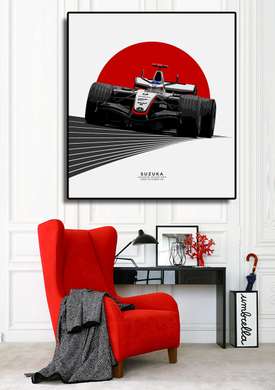 Poster - Formula 1 on a red semicircle, 60 x 90 см, Framed poster on glass, Transport