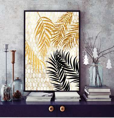 Poster - Frunze de aur pe un fundal de marmură 2, 60 x 90 см, Poster înrămat, Botanică