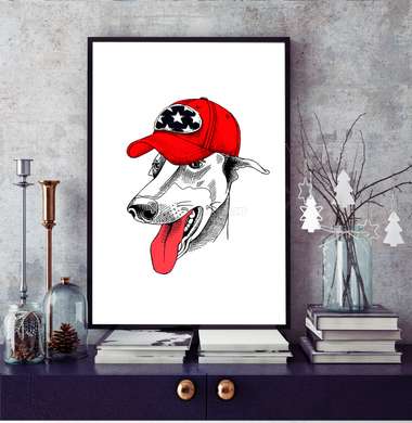 Poster - Un câine alb cu o șapcă roșie, 60 x 90 см, Poster inramat pe sticla, Minimalism