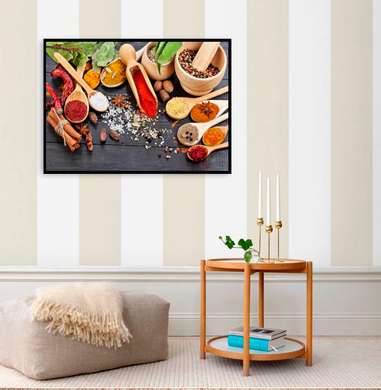Poster - Bright spices on the table with wooden spoons, 90 x 60 см, Framed poster, Food and Drinks