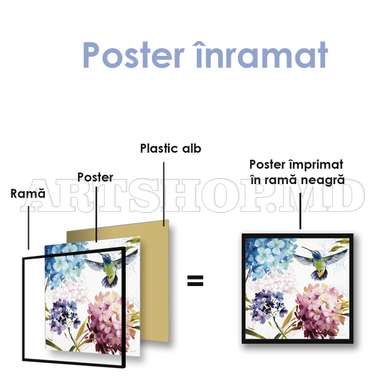 Poster - Hummingbird in flowers, 100 x 100 см, Framed poster on glass, Botanical