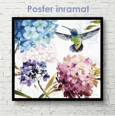 Постер - Колибри в цветах, 40 x 40 см, Холст на подрамнике, Ботаника