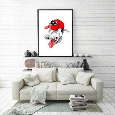 Постер - Белая собака с красной шапочкой, 60 x 90 см, Постер в раме, Минимализм