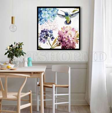 Poster - Hummingbird in flowers, 40 x 40 см, Canvas on frame, Botanical