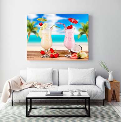 Poster - Milk and strawberry cocktail with tropical fruits, 90 x 60 см, Framed poster, Food and Drinks