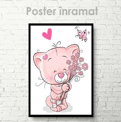 Poster - Pisicuță cu un buchet de flori, 30 x 45 см, Panza pe cadru, Pentru Copii