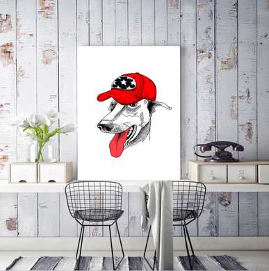 Poster - White dog with red cap, 60 x 90 см, Framed poster, Minimalism