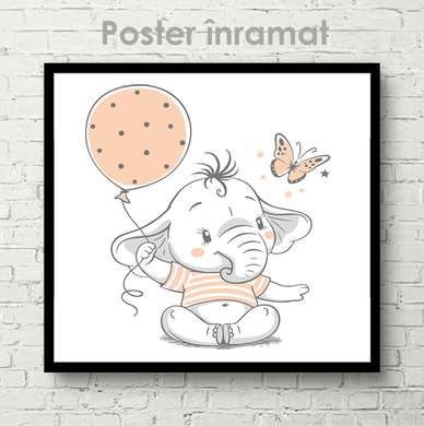 Постер - Слоненок с бабочкой и шаром, 100 x 100 см, Постер на Стекле в раме, Для Детей