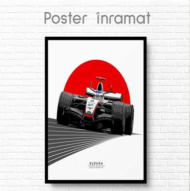 Poster - Formula 1 pe un semicerc roșu, 30 x 45 см, Panza pe cadru