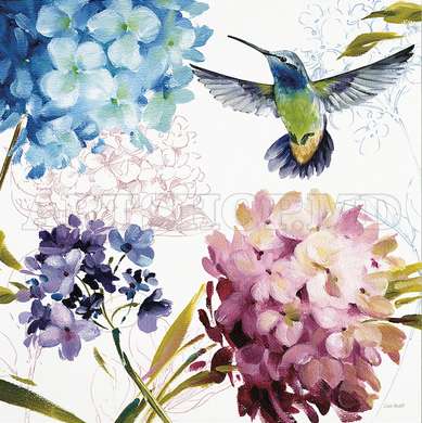 Poster - Hummingbird in flowers, 100 x 100 см, Framed poster on glass, Botanical