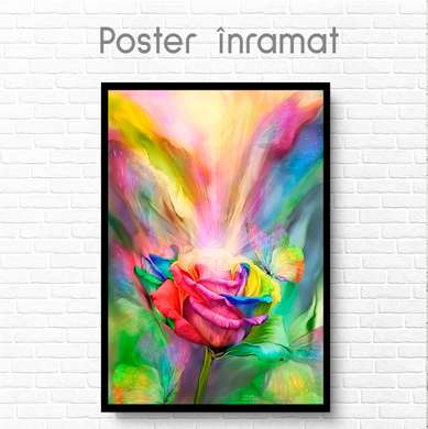 Постер - Разноцветная роза с бабочкой, 30 x 45 см, Холст на подрамнике