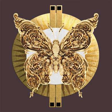 Постер - Золотая бабочка на коричневом фоне, 100 x 100 см, Постер на Стекле в раме, Гламур