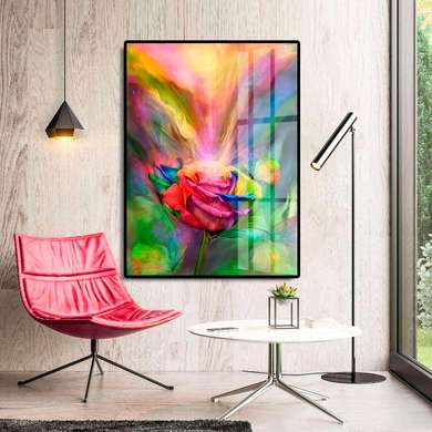 Poster - Trandafir multicolor cu un fluture, 60 x 90 см, Poster inramat pe sticla, Flori