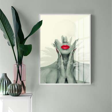 Постер - Девушка с алыми губами, 60 x 90 см, Постер на Стекле в раме, Гламур