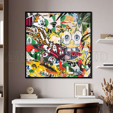 Poster - Spongebob in stil pop abstract, 100 x 100 см, Poster inramat pe sticla, Abstracție