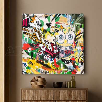 Poster - Spongebob in abstract pop style, 100 x 100 см, Framed poster on glass, Abstract