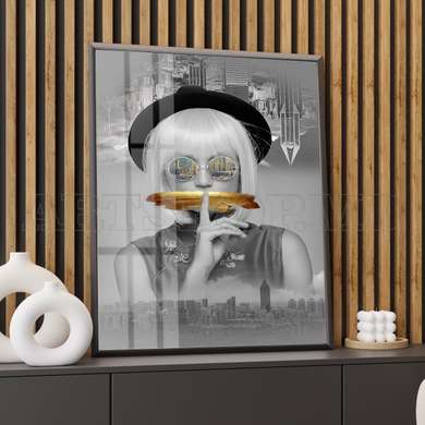 Poster - The girl on the background of the black and white city, 30 x 45 см, Canvas on frame, Glamour