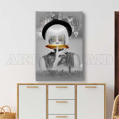 Poster - The girl on the background of the black and white city, 60 x 90 см, Framed poster on glass, Glamour