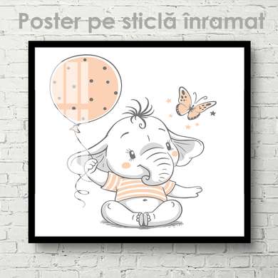 Постер - Слоненок с бабочкой и шаром, 40 x 40 см, Холст на подрамнике