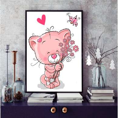 Poster - Cat with a bouquet of flowers, 30 x 45 см, Canvas on frame, For Kids