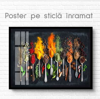 Poster - Condimente colorate în lingurițe, 90 x 60 см, Poster inramat pe sticla