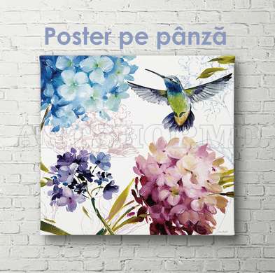 Poster - Hummingbird in flowers, 100 x 100 см, Framed poster on glass, Botanical