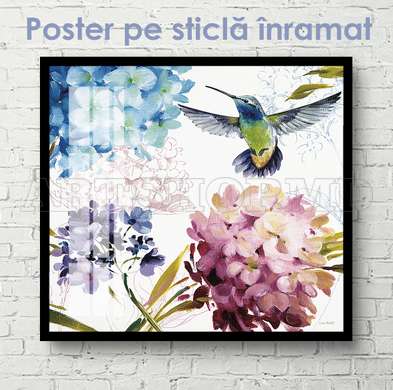 Poster - Hummingbird in flowers, 100 x 100 см, Framed poster on glass, Botanical