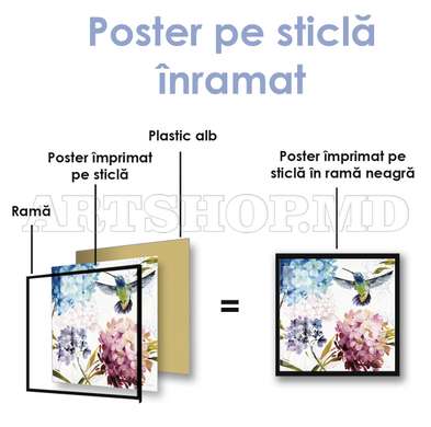 Poster - Hummingbird in flowers, 100 x 100 см, Framed poster on glass, Botanical