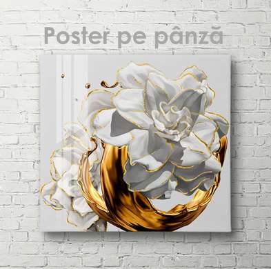 Постер - Белый цветок с жидким золотом, 40 x 40 см, Холст на подрамнике