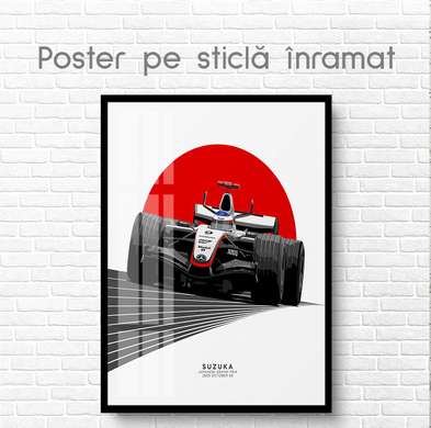 Poster - Formula 1 pe un semicerc roșu, 60 x 90 см, Poster inramat pe sticla