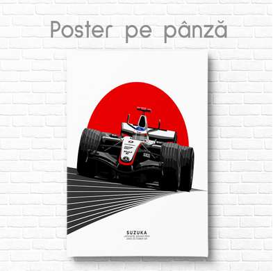 Poster - Formula 1 on a red semicircle, 60 x 90 см, Framed poster on glass, Transport