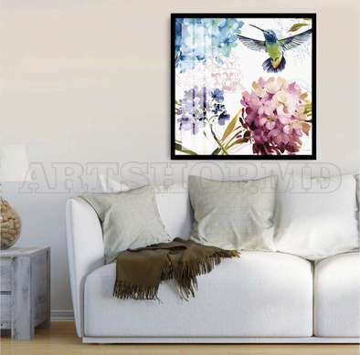 Poster - Hummingbird in flowers, 100 x 100 см, Framed poster on glass, Botanical