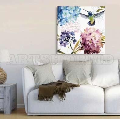 Poster - Hummingbird in flowers, 100 x 100 см, Framed poster on glass, Botanical