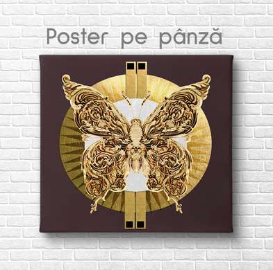 Постер - Золотая бабочка на коричневом фоне, 40 x 40 см, Холст на подрамнике