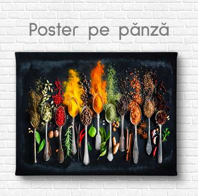 Poster - Colorful spices in spoons, 90 x 60 см, Framed poster on glass