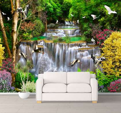 Wall Mural - Birds fly over the waterfall