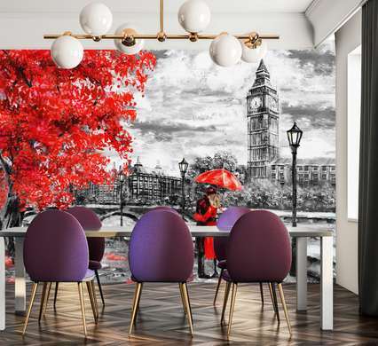 Wall Mural - Couple in love in rainy London and mahogany