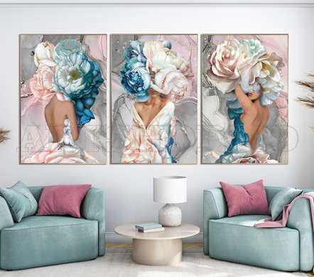 Poster- Misterious Lady with Peonies, Pink-Light Blue, Sets
