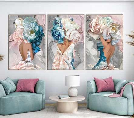 Poster- Misterious Lady with Peonies, Pink-Light Blue