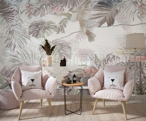 Wall mural - Palm trees and flowers in pale shades