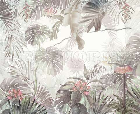 Wall mural - Palm trees and flowers in pale shades