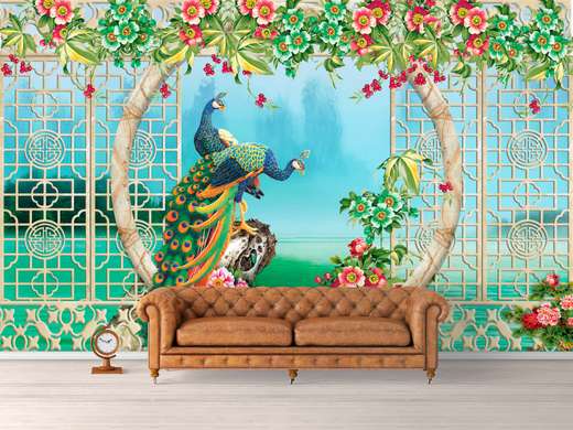 Wall Mural - Fence with flowers and peacocks