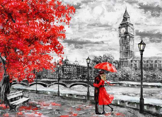 Fototapet - Cuplu îndrăgostit în Londra ploioasă și copacul roșu