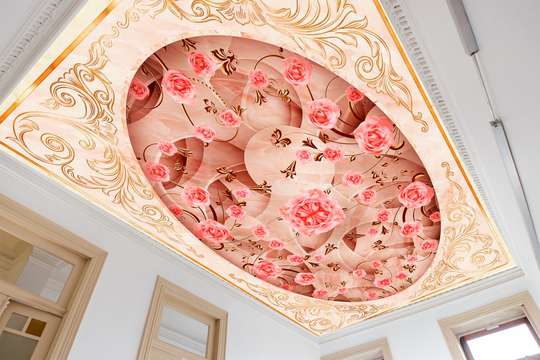Фотообои - Нежный розовый с цветами потолок