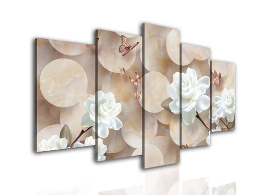 Modular picture, White flowers on a beige background., 108 х 60