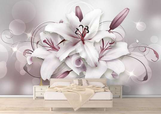 3Д Фотообои - Белые лилии с фиолетовыми оттенками