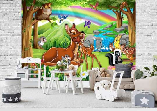 Wall Mural - Bambi and friends on the background of the forest and the rainbow